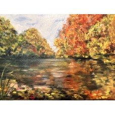 Autumn landscape, Aydar River, Forest, Original oil painting on canvas. Ukrainian art, artist Marina Stognieva